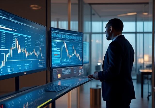 Professional trader mentor showing financial charts to a student